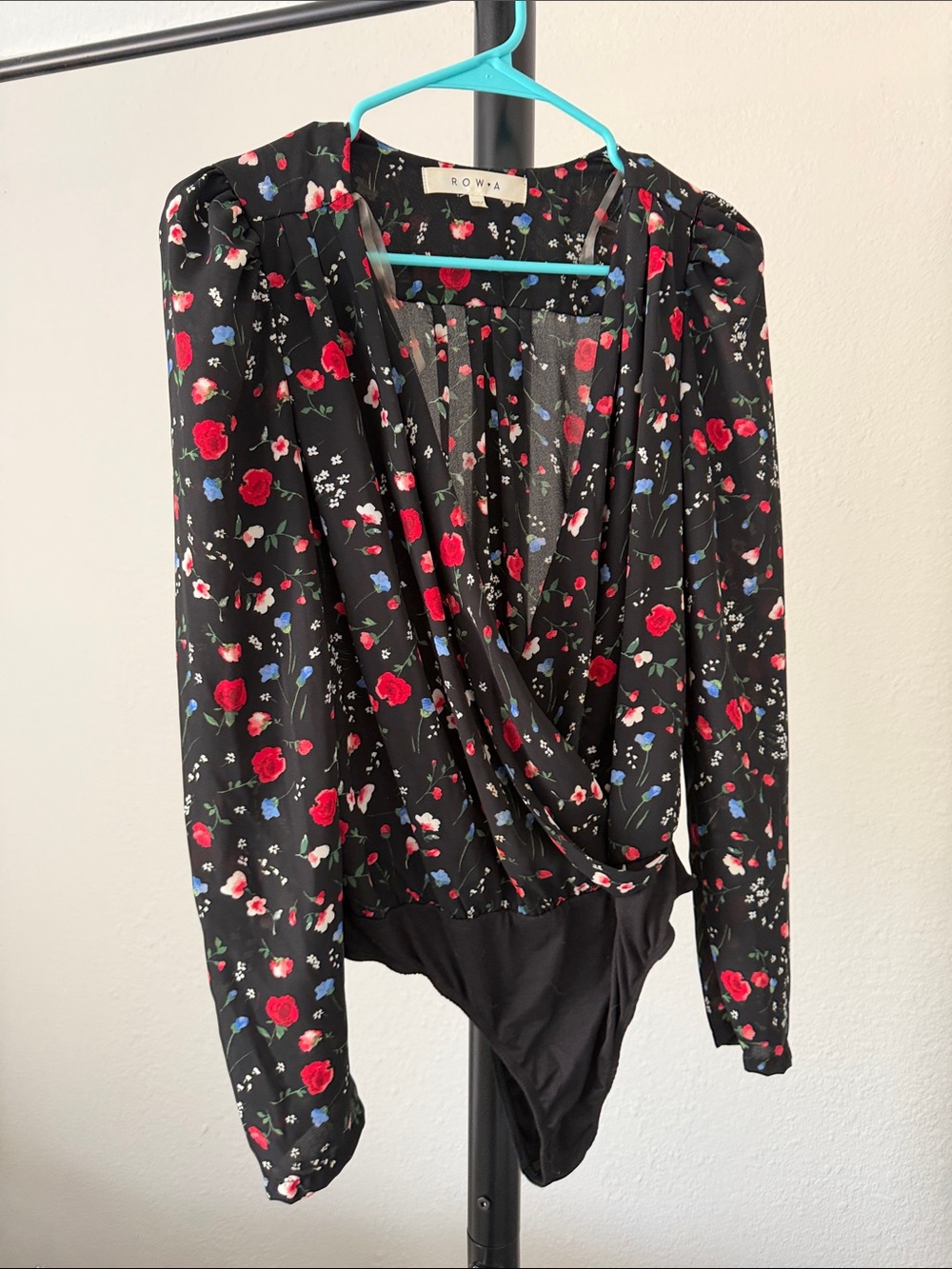 Rowa Black Floral Wrap Bodysuit with Red & Blue Blossoms